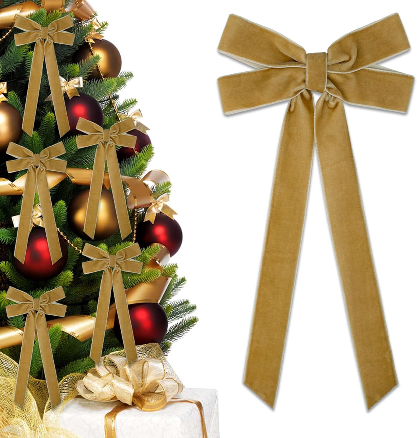 24Pcs Velvet Christmas Tree Bows, Large Burgundy Velvet Ribbon Bows, 5 x 10 in Vintage Velvet Bows for Christmas Tree Front Door Wreath Home Garland Door Holiday Xmas Decorations(Light Brown)