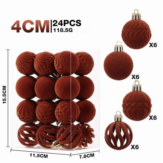 24Pcs Velvet Flocked Christmas Tree Ornaments, Brown Assorted Hollow & Embossed Hanging Baubles for Home Holiday Decor Christmas Ball Ornaments
