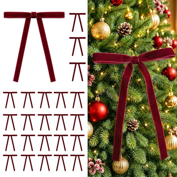 Swfoer 24 Pcs Velvet Christmas Tree Bows Decoration, Vintage Wreath Bow for Christmas Garland, Gift Wrapping, Xmas Tree, Burgundy