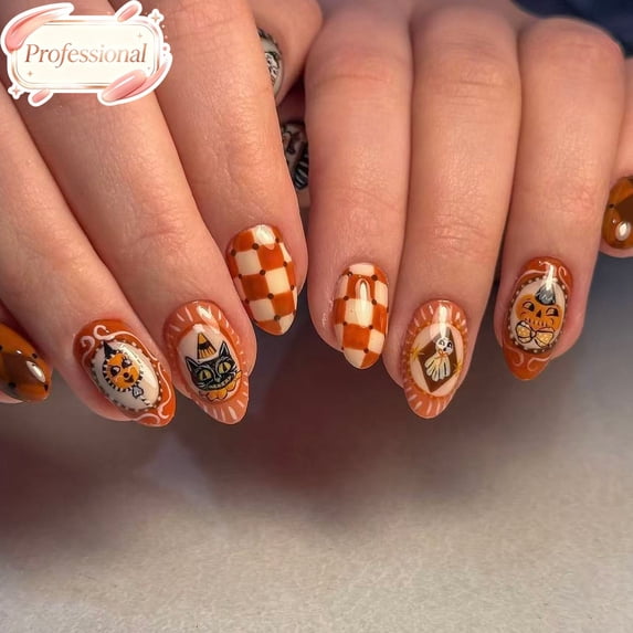 24Pcs Vintage Halloween Press On Nails Short Oval, Full Cover Fake Nails, Reusable Acrylic Stick On False Nails for Women Girls Fall Holiday Cosplay Party Daily Wear Manicure Decor Gift