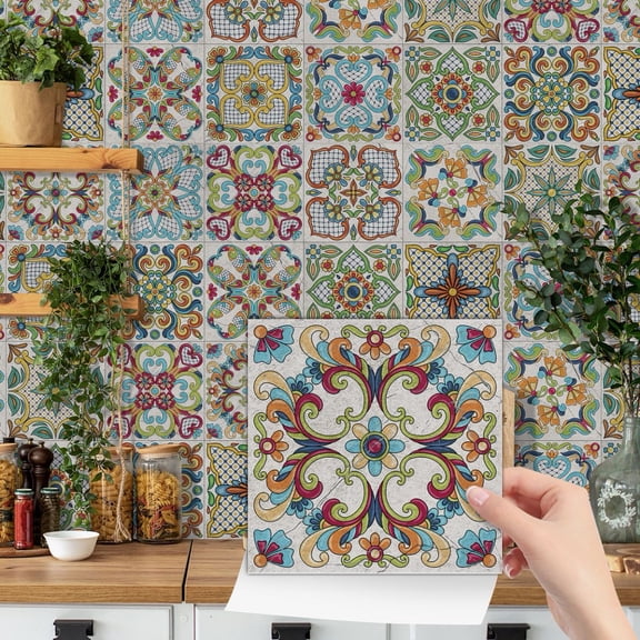 24Pcs Waterproof Self Adhesive Tiles Wall Stickers 6 x 6in Multicolor Flowers Decals DIY Decoration Kitchen Backsplash Mural