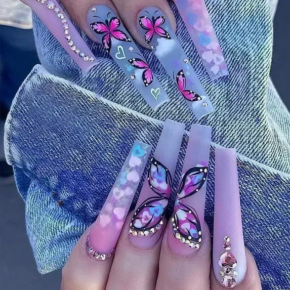 24Pcs Wearable False Nails with glue Long Ballerina Pink Press On Nails French Full Cover Coffin Fake Nails tip with rhinestones