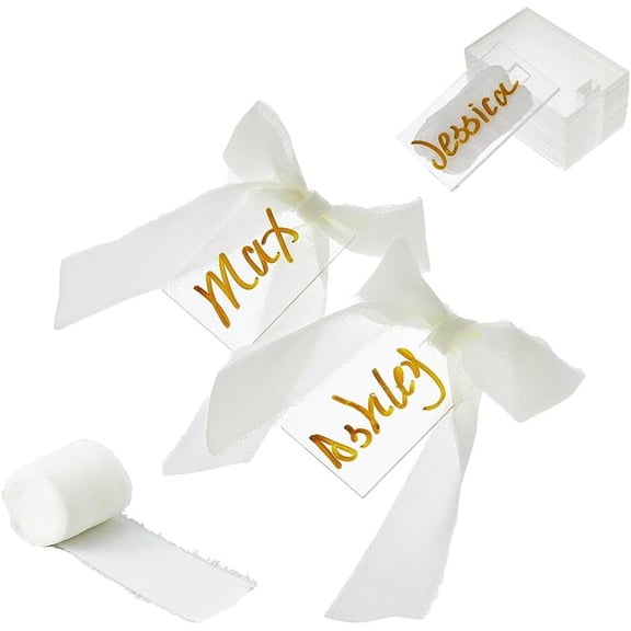 24Pcs Wedding Blank Acrylic Place Cards Rectangle Wedding Reserved Signs Clear Seat Tags with 1 Roll 5m Polyester Frayed Ribbons for DIY