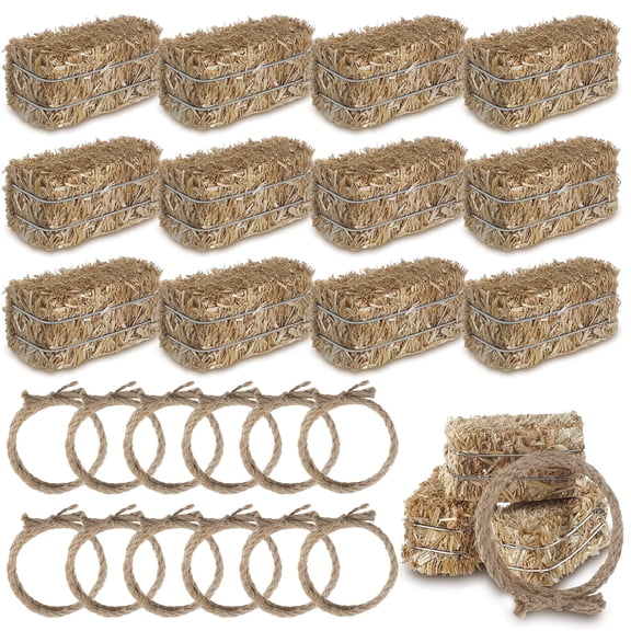 24Pcs Western Themed Party Decorations, 12 Mini Decorative Hay Bales with 12 Twisted Hemp Rope, for Cow Table Centerpieces Horse Rodeo Fall Harvest Craft, Country Chic Farmhouse Style
