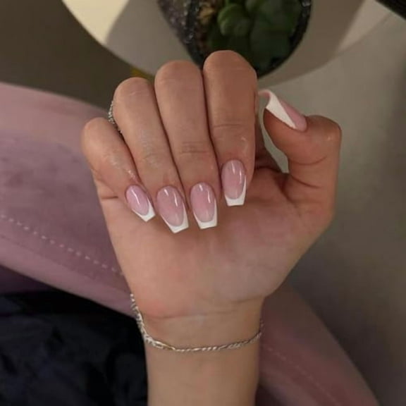 24Pcs White French Tip Press on Nails Medium Short,12 Sizes Fake Nails Press ons,Natural Nude Meidum Short Coffin Gel Nails Acrylic,French Tip Nails,Thick False Nails for Home DIY(T Shape)