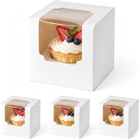 24Pcs White Individual Cupcake Boxes, Single Cardboard Cupcake Containers with Insert & Window, Disposable Togo Boxes for Muffins, Cocoa Bombs, Birthdays, Showers & Party Favors