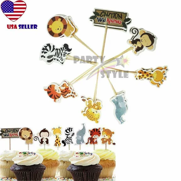 24Pcs Wild Animals Cup Cake Picks Toppers For Kids Birthday Baby Shower Party