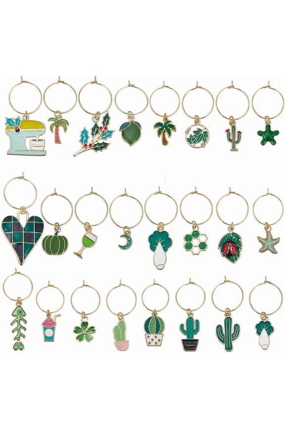 24Pcs Wine Glasses Charm Wine Marker Charms Bulk Gold Metal Alloy Green Plant Cactus Tree Starfish Heart Moon Identifier Drink Rings Tags Charms for Summer Christmas Party Wine Decorations for DIY