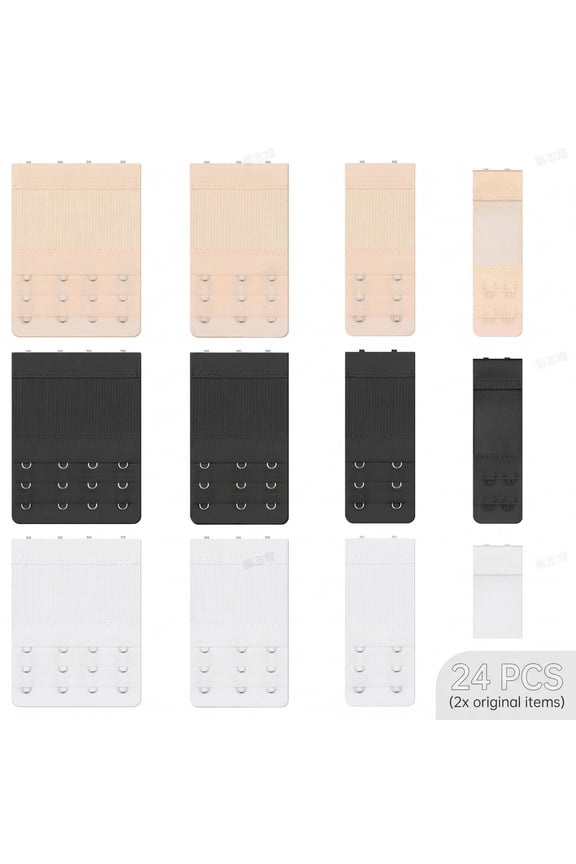 24 Pieces Bra Extenders for Women, 2 Hook / 3 Hook / 4 Hook Elastic Bra Extension Straps, Bra Hook Extender Set (Black, White, Nude)