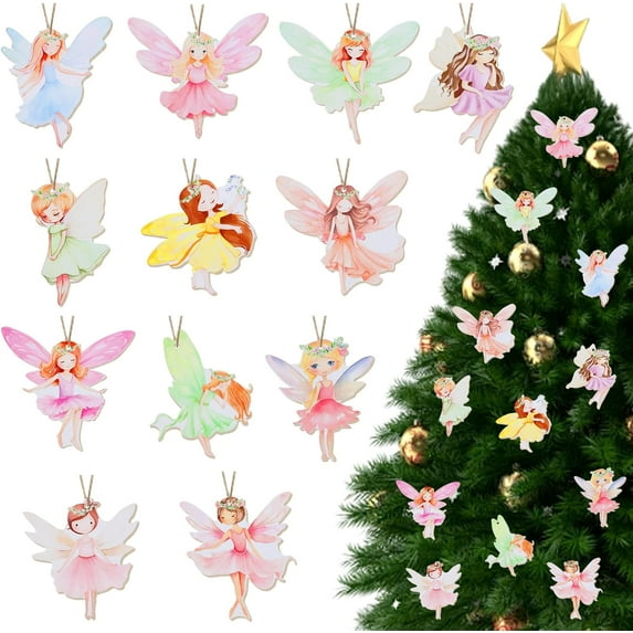24Pcs Wooden Fairy Hanging Ornaments for Christmas Tree, Colorful Fairy Hanging Pendant Embellishments DIY Crafts for Door Wall Room Decor, Wood Fairy Decorations Supplies