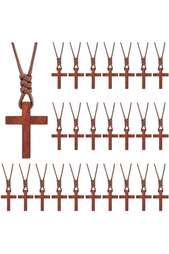 24Pcs Wooden Necklaces in Bulk Small Wood Pocket Crosses Pendant Faith Necklace Jewelry for Bible Verse Party Favor Souvenir Supplies for Men Women