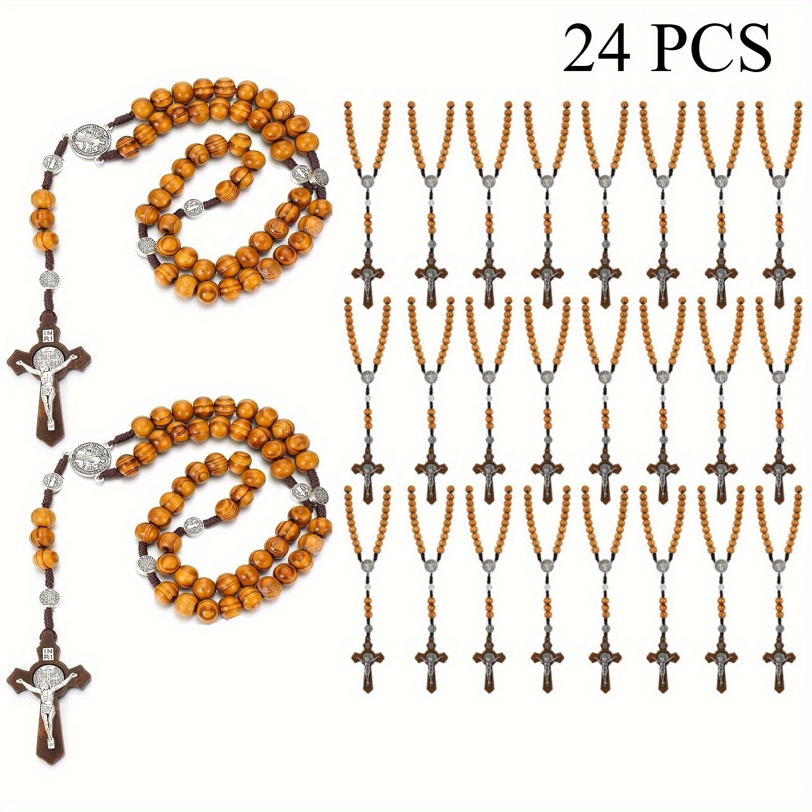 24Pcs Wooden Rosary Necklaces, Solid Wood Carved Rosary Beads Featuring "Our Father" Element, Bulk Rosaries for Baptism Favors, Church Events, Faith-Based Gifts, Rosarios Para Recuerdos