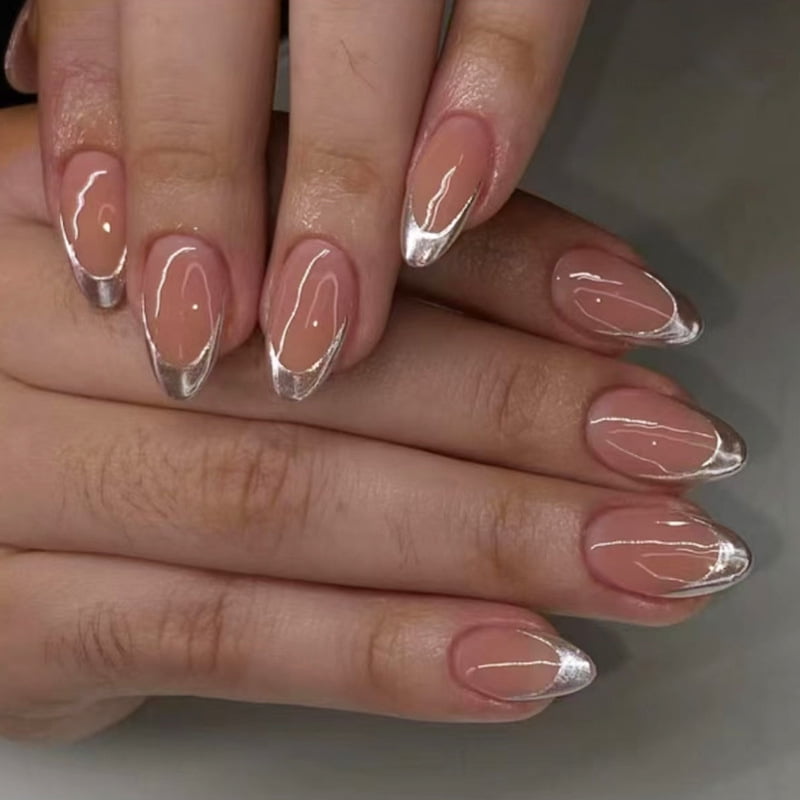 24Pcs/set Almond Press-On French Nail Tips Green Cat Eye False Nails Simple&Elegant Wearable Nail Art for Women&Girls Daily Wear