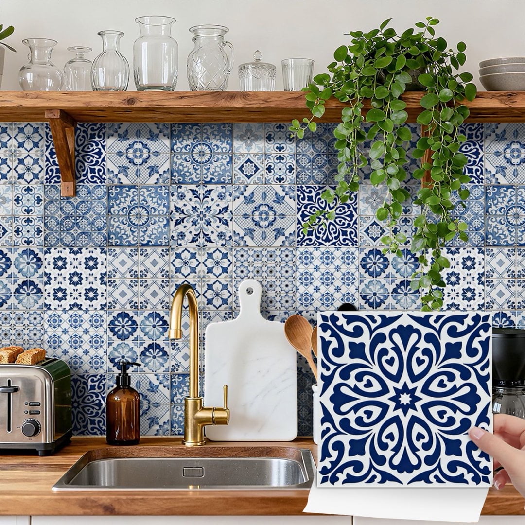24Piece Self Adhesive Tile Sticker Peel and Stick Backsplash 7.87" x 7.87" DIY Decor Blue Gray Flowers Wall Stickers Waterproof Vinyl Decals