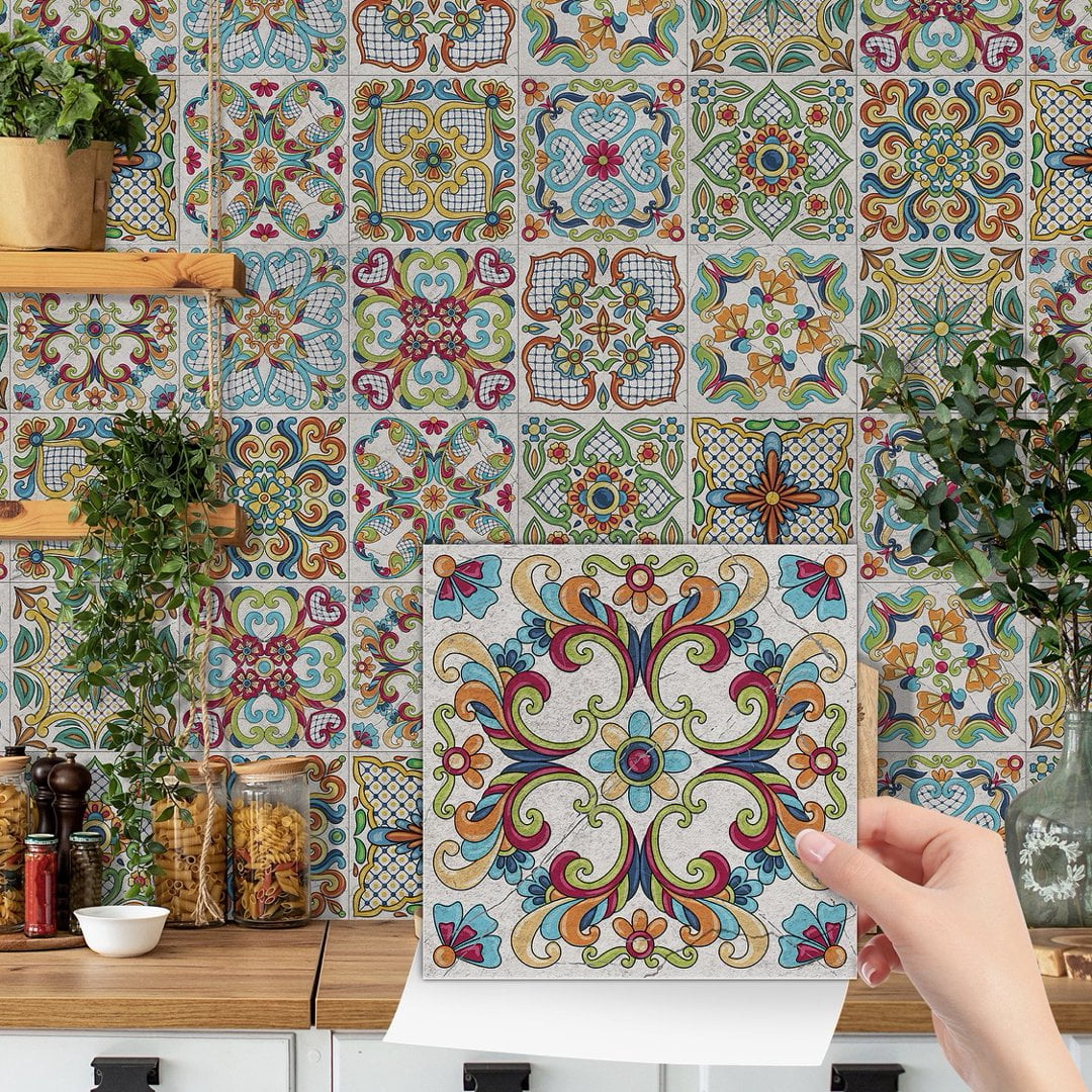 24Piece Self Adhesive Tiles Wall Stickers Waterproof Decals 7.87" x 7.87" DIY Decor Multicolor Flowers Peel and Stick Kitchen Backsplash