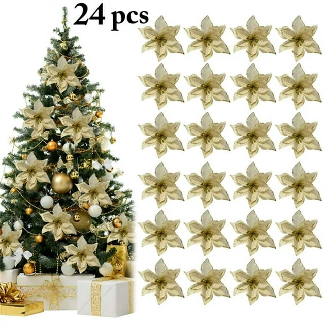 24Pieces Christmas Glitter Artificial Gold Flowers Picks Decorations