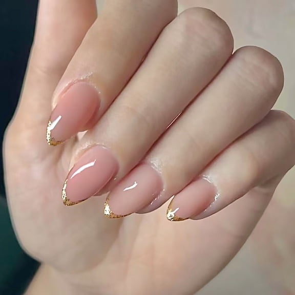 24Pieces Glitters Artificial Nails Almond Shape French Manicure Set With Gold Edges For Special Occasions