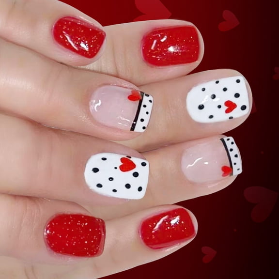 24Pieces Glossy Red Glitters French Manicure Presses On Nails Short Square Shape Easy Application