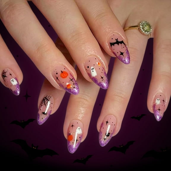 24Pieces Halloween Press On Nails Dark Glittering Cobweb Ghosty Pumpkin Skeleton Design Not Need Tools