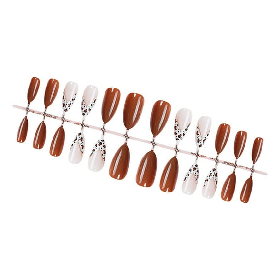 24Pieces Medium French Tip Press On Nail with V Shape Leopard Print Designs Glossy Almond Shape Faux Nail Glues On Nail