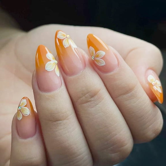 24Pieces Middle Length Glossy False Nails Gradient Yellow French Tip Floral Beads Design Fake Nails for Spring Fashion