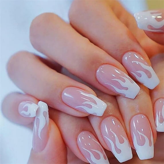 24Ps/Set Fake Nails Art Wearable Long Ballet False Nails Acrylic Press on Nails Full Cover Removable White Edge French Nail Fake