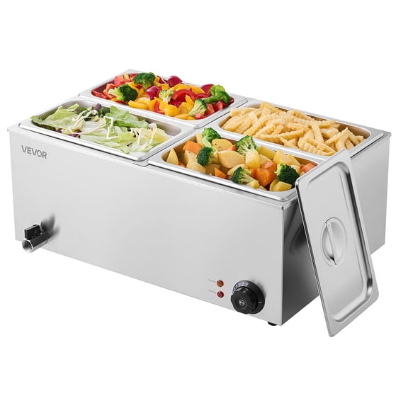 24QT Commercial Food Warmer 4 Pan Electric Steam Table 1200W Stainless Steel Buffet Bain Marie with 86 to 185 Fahrenheit Temperature Control