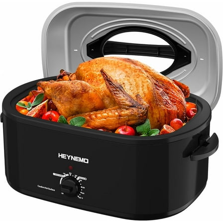 24QT Electric Roaster Oven, Electric Turkey Roaster with Viewing & Self-basting Lid, Stainless Steel Turkey Roaster Oven, Black