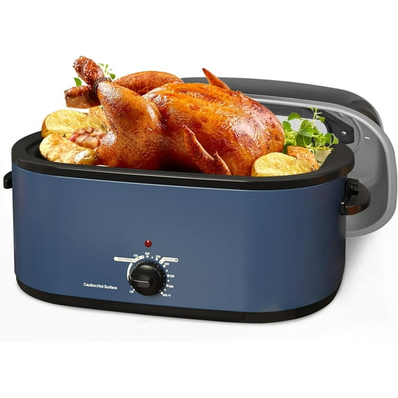 24QT Electric Roaster Oven, Electric Turkey Roaster with Viewing & Self-basting Lid, Stainless Steel Turkey Roaster Oven, Blue