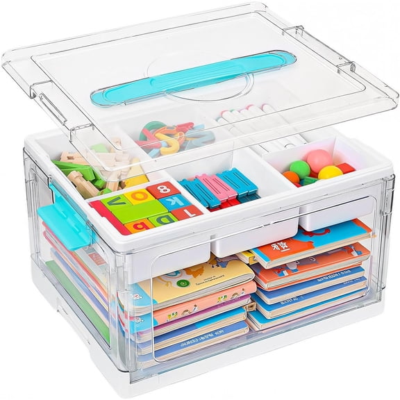 24QT Large Clear Plastic Craft Organizer with Removable Tray & Adjustable Dividers, Foldable Storage Box with Handles for Art Supplies, Toys, Sewing, Books, Crayons, and Medicine