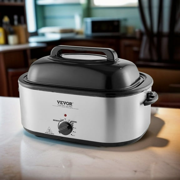 24QT Silver Roaster Oven with Self-Basting Lid, 1450 Watts, Handles 28LB Turkeys, Defrost, Warm Setting, Removable Pan and Rack Included