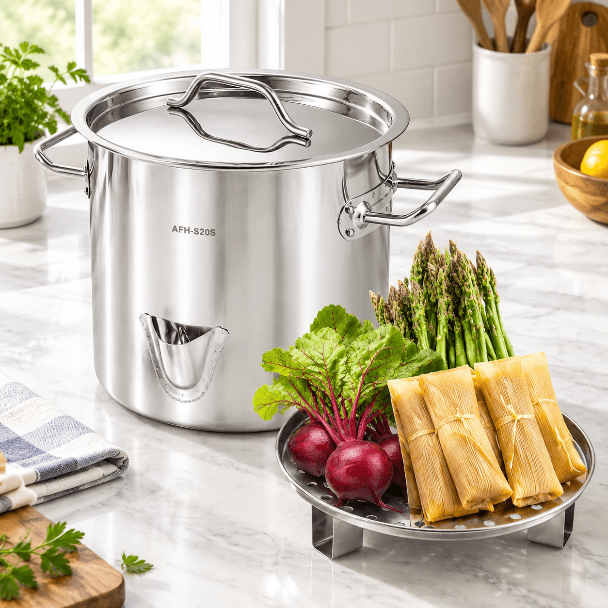 24QT Stainless Steel Steamer Pot with Easy-Fill Spout for Tamales and ...