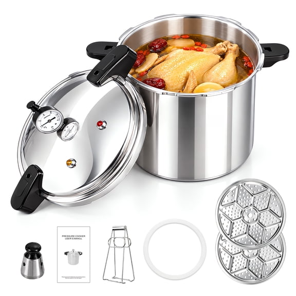 24Qt/23L Pressure Canner & Cooker,15PSI Relief Valve & Gauge,Heavy Aluminum & SS with 2 Steamer Trays for Beginner