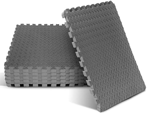 24SQFT-120SQFT Puzzle Exercise Mat for Home Gym, EVA Interlocking Foam Floor Tiles with Border for Workout Equipment Grey,F. 3/4" Thick, 24SQFT