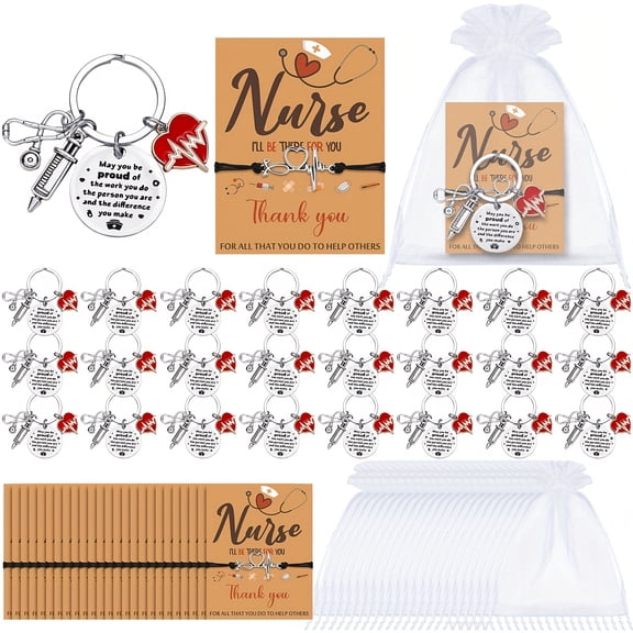24Set Nurse Appreciation Gift Set, Heart Theme Keychains Bracelets Cards and Gift Bags, Bulk Thank You Gifts for Nurses Week Graduation Celebration Retirement Party and Healthcare Team Recognition