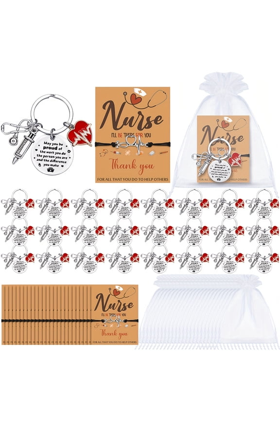 24Set Nurse Appreciation Gift Set, Heart Theme Keychains Bracelets Cards and Gift Bags, Bulk Thank You Gifts for Nurses Week Graduation Celebration Retirement Party and Healthcare Team Recognition