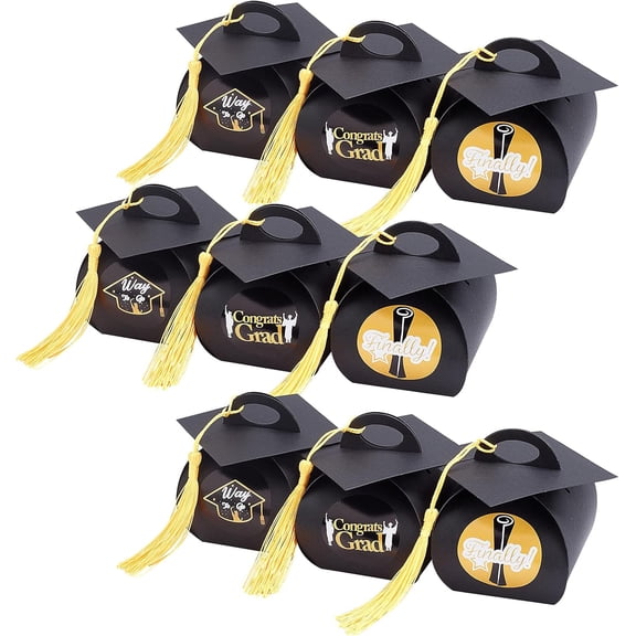 24Sets Graduation Gift Box Party Supplies Decorations Graduation Cap Shaped Paper Gift Box with Tassels Folding Boxes for Graduation Party Decoration Black