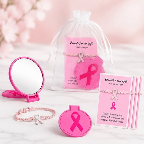 24Sets Pink Ribbon Party Favor Set, 96Pcs Event Keepsake Gifts with Compact Mirrors, Ribbon Bracelets, Message Cards and Organza Bags for Gatherings, Celebrations and Commemorative Events