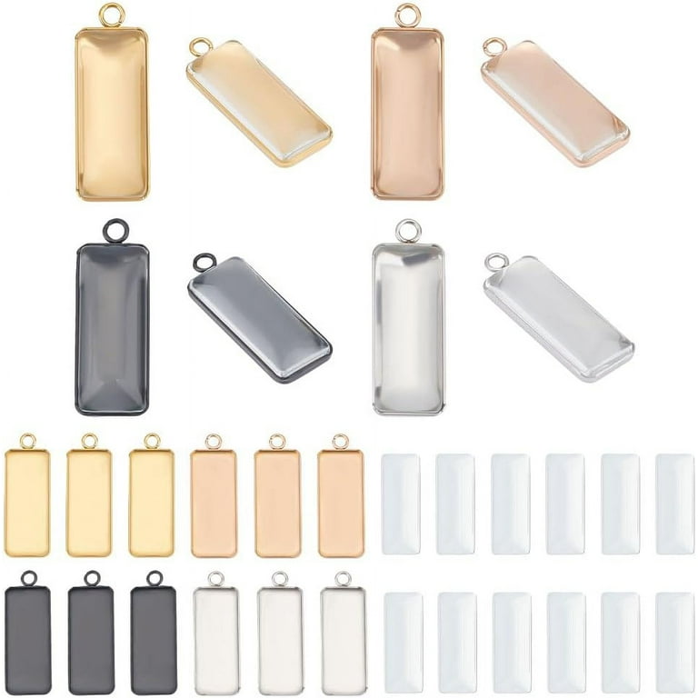 24Sets Rectangle Cabochon Pendants 10x25mm Tray Blank Pendant Base with Glass Cabochons 304 Stainless Steel Necklace Pendant Bezel Blanks Tray