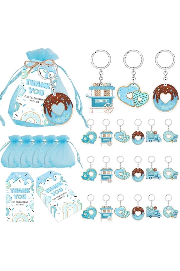 24Sets Sprinkled with Love Baby Shower Party Favors Blue Donut birthday Party Decorations Bags Filler Donut Keychains Thank You Tags Blue Organza Bags for Donut Birthday Baby Shower Party Supplies