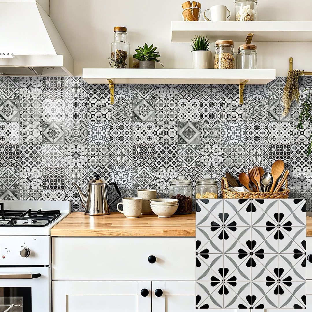 24Sheet Self Adhesive Tile Sticker Peel and Stick Backsplash 7.87" x 7.87" DIY Decor Gray Black Flowers Wall Stickers Waterproof Vinyl Decals