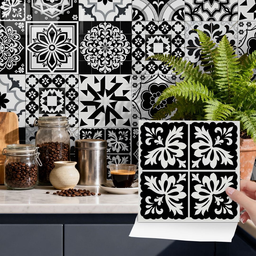 24Sheet Self Adhesive Tile Sticker Peel and Stick Backsplash 7.87" x 7.87" DIY Decor Black and Gray White Wall Stickers Waterproof Vinyl Decals
