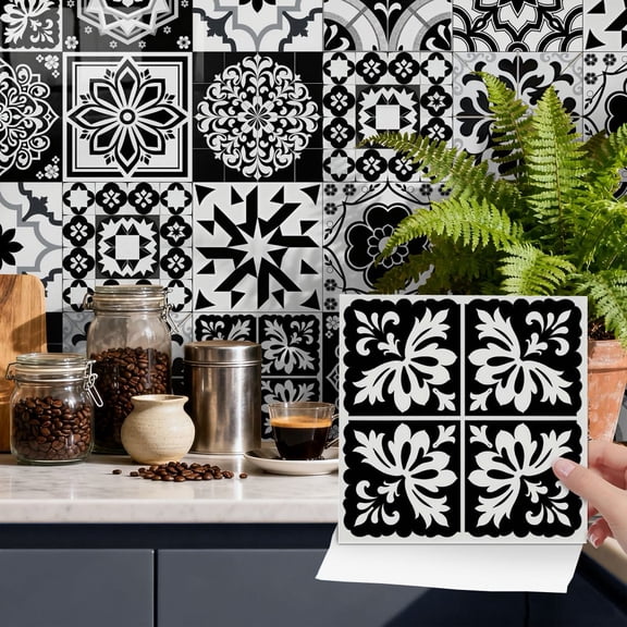 24Sheet Self Adhesive Tile Sticker Peel and Stick Backsplash 7.87" x 7.87" DIY Decor Black and Gray White Wall Stickers Waterproof Vinyl Decals