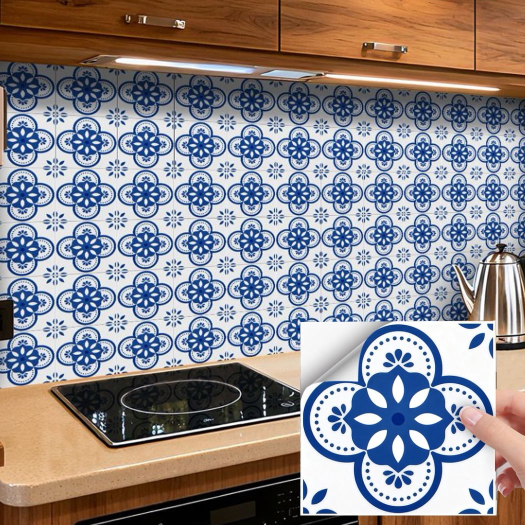 24Sheets Matte PVC Tile Sticker Waterproof Peel and Stick Backsplash 7.87" x 7.87" Blue White Flowers Wall Stickers Self Adhesive Decals DIY Decor