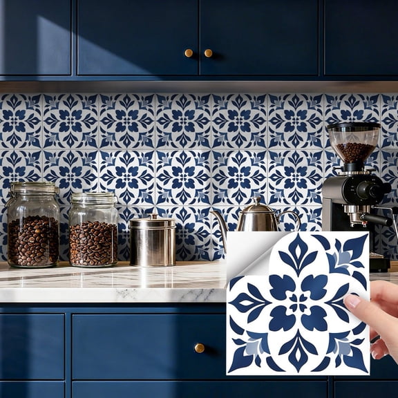 24Sheets Matte Tile Sticker Waterproof Peel and Stick Backsplash 7.87" x 7.87" Black White Flowers Wall Stickers Self Adhesive DIY Decor Decals