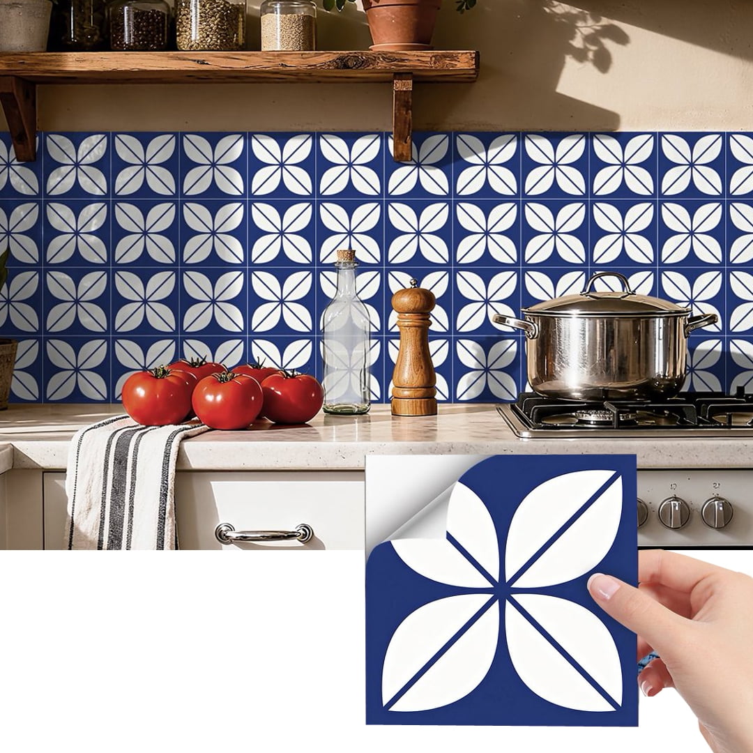 24Sheets Self Adhesive Wall Tile Sticker 7.9" x 7.9" Peel and Stick Waterproof Backsplash Flowers Decals for Kitchen Bathroom Decoration Blue White