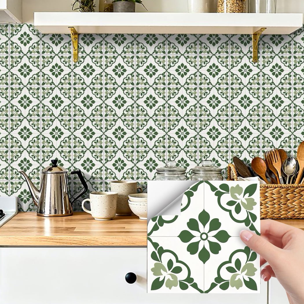 24Sheets Tile Sticker Waterproof Peel and Stick Backsplash 7.87" x 7.87" Green Flowers Wall Stickers Self-Adhesive DIY Decor Matte PVC Decals