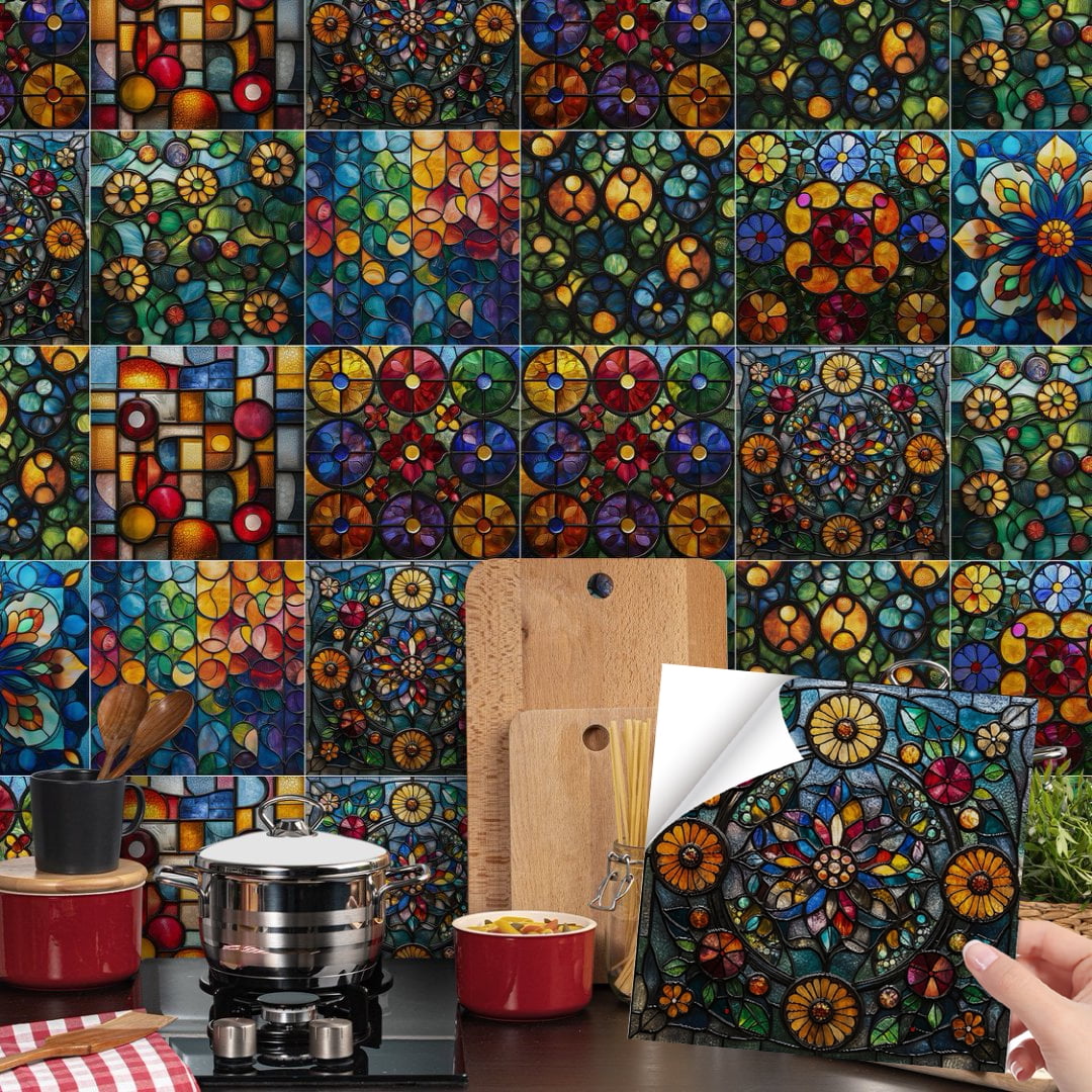 24Sheets Tile Wall Sticker Kitchen Backsplash 7.87" x 7.87" Removable Waterproof PVC Multicolor Flowers DIY Decals Peel and Stick Tiles