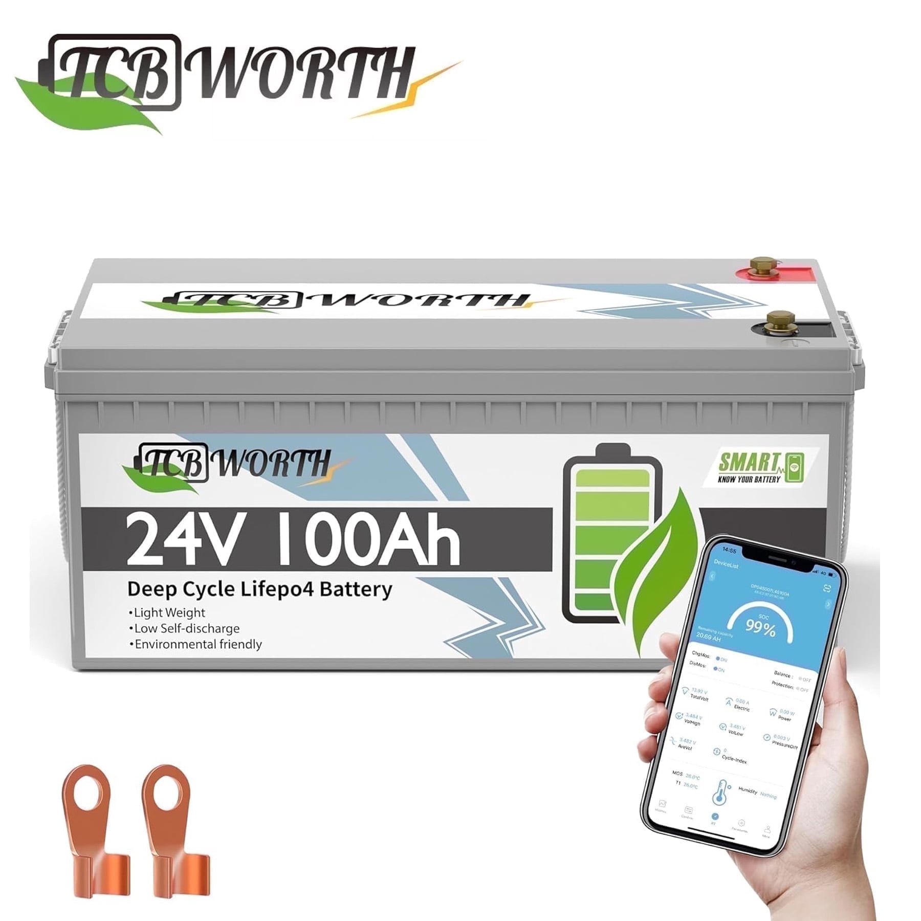 TCBWORTH 24V 100Ah Lithium Battery, Bluetooth Monitoring, Deep