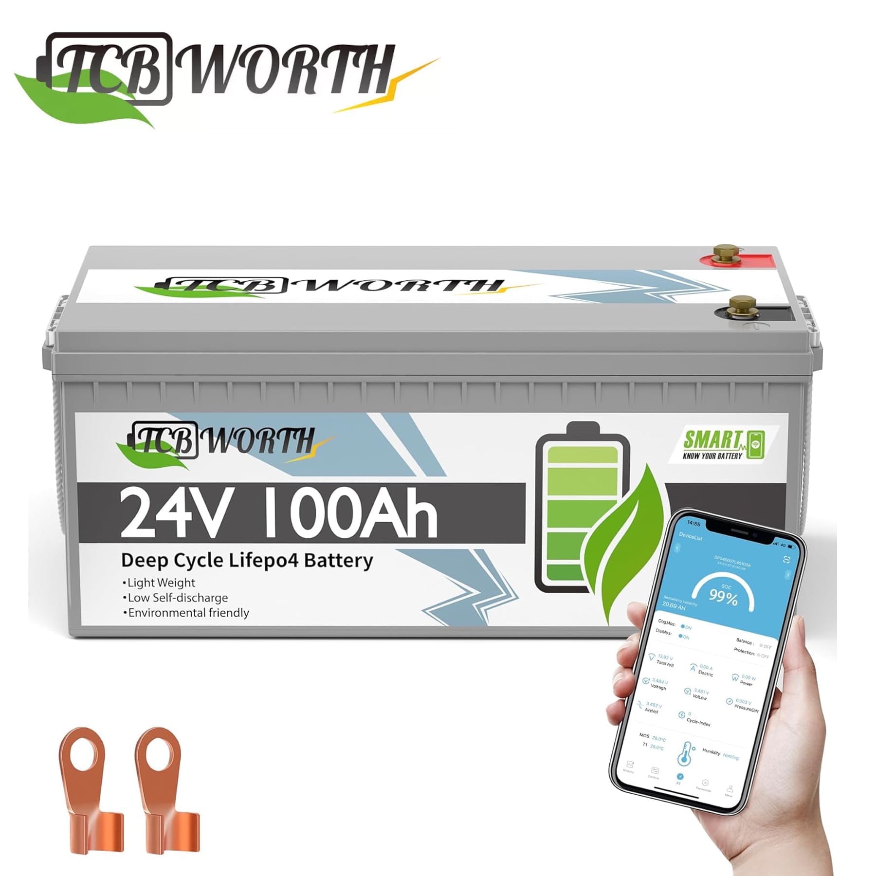 24V 100AH Bluetooth LiFePO4 Battery,for RV,Solar,Trolling Motor,Marine,off-Grid,TCBWORTH Deep Cycles Smart 100A BMS Battery
